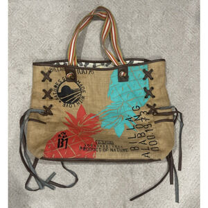Billabong Beach Bag School Tote Burlap Leather Lined Zipper Pocket Boho Surfer